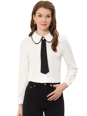 Allegra K Work Office Shirt For Women's Long Sleeve Button Up Peter Pan Collar Blouse - Image 5