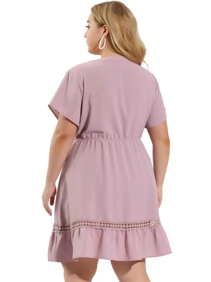 Agnes Orinda Women's Plus Size Elegant Short Sleeve Tie Waist Ruffle Hem At Kness Dresses - Image 4