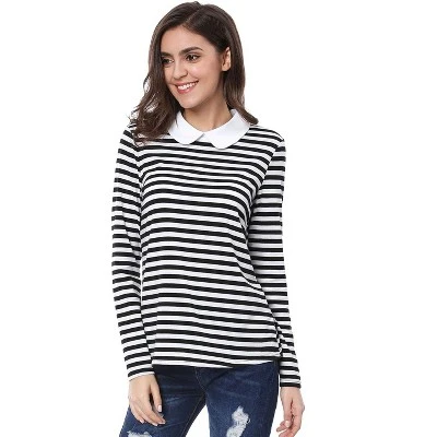 Allegra K Women's Christmas Contrast Collar Long Sleeves Peter Pan Collar Striped Blouse Top - Image 4