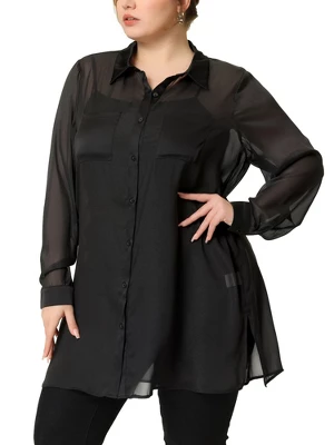 Agnes Orinda Women's Plus Size Long Sleeve Button Down Black Sheer Shirts Jacket - Image 5
