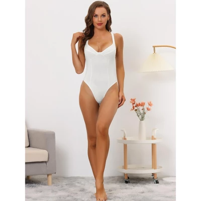 Allegra K Women's Deep V Neck Tummy Control Full Leotard Jumpsuits - Image 3