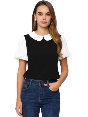 Allegra K Women's Contrast Peter Pan Collar Puff Short Sleeve Summer Blouse Top - Image 5