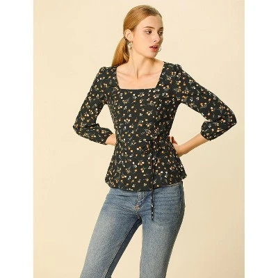 Allegra K Women's Floral Print Belted Waist Square Neck Vintage Peplum Blouse - Image 2
