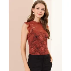 Allegra K Women's Sleeveless Blouse See Through Ruffle Semi Sheer Floral Lace Top