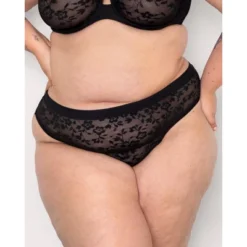 Curvy Couture Women's Plus Size No-Show Lace High Cut Thong Panty