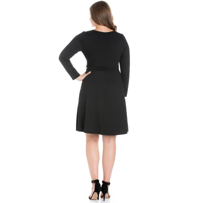 24seven Comfort Apparel Womens Plus Size Chic V-Neck Long Sleeve Belted Dress - Image 2