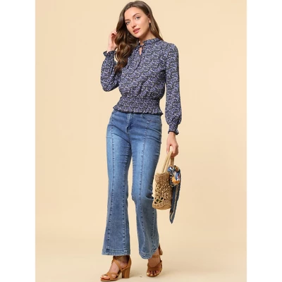Allegra K Women's Smocked Waist Peplum Tops Ruffle Tie Neck Long Sleeve Ditsy Floral Blouses - Image 2