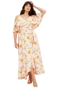 June + Vie By Roaman's Women’s Plus Size Cold-Shoulder Faux-Wrap Maxi Dress