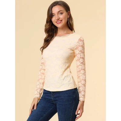 Allegra K Women's Sheer Long Sleeves Flower Embroidery Lace Top - Image 3