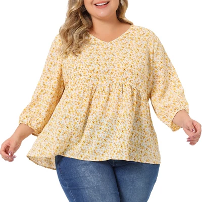 Agnes Orinda Women's Plus Size Babydoll 3/4 Sleeve Floral Flowy Blouse - Image 12