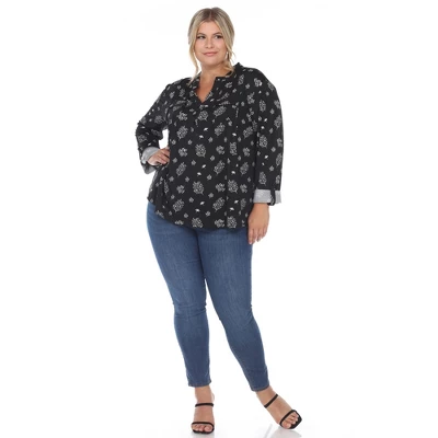 Plus Size Pleated Long Sleeve Leaf Print Blouse - Image 3