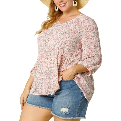 Agnes Orinda Women's Plus Size Babydoll 3/4 Sleeve Floral Flowy Blouse - Image 6