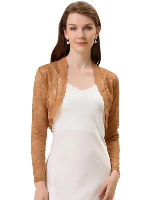 Allegra K Women's Crop Scalloped Hem Floral Lace Sheer Long Sleeve Shrugs - Image 17