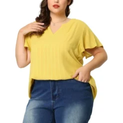 Agnes Orinda Women's Plus Size Casual Trendy V Neck Flare Sleeve Striped T-shirts