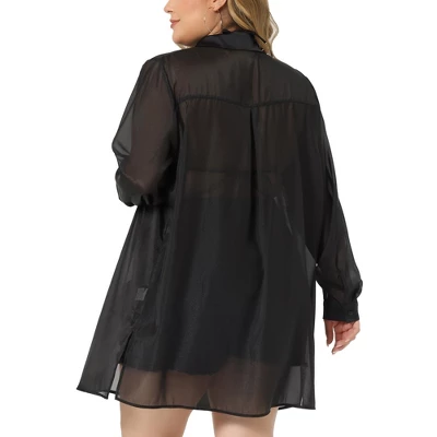 Agnes Orinda Women's Plus Size Long Sleeve Button Down Black Sheer Shirts Jacket - Image 3