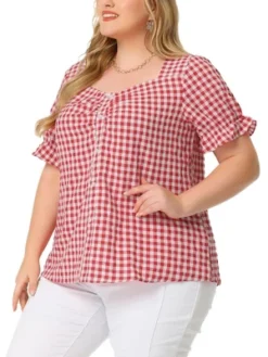 Agnes Orinda Women's Plus Size Gingham 1950s Sweetheart Neck Plaid Blouse