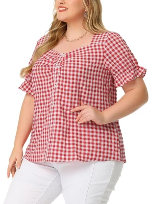 Agnes Orinda Women's Plus Size Gingham 1950s Sweetheart Neck Plaid Blouse