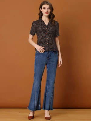 Allegra K Women's Heart-Shaped Polka Dots V Neck Short Sleeve Button Down Vintage Blouse - Image 2