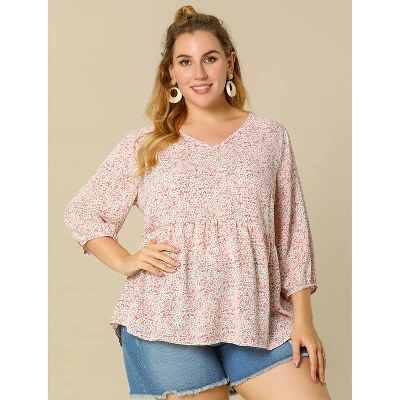 Agnes Orinda Women's Plus Size Babydoll 3/4 Sleeve Floral Flowy Blouse - Image 3