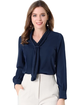 Allegra K Women's Long Sleeve Pleated Tie Neck Office Blouses - Image 9