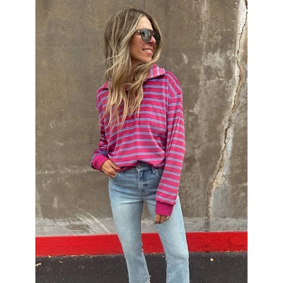 Women's Ascot + Hart Collared Striped Long Sleeve Graphic T-Shirt - Image 3