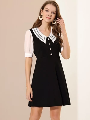 Allegra K Women's Hollow Lace Doll Collar Chiffon Button Cuffs Zip Back A Line Dress