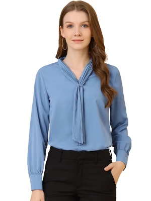 Allegra K Women's Long Sleeve Pleated Tie Neck Office Blouses - Image 20