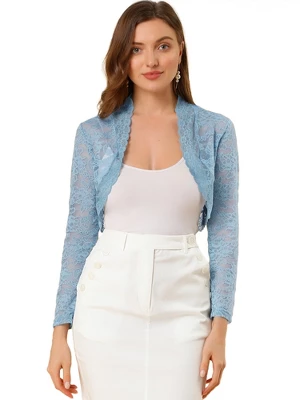 Allegra K Women's Crop Scalloped Hem Floral Lace Sheer Long Sleeve Shrugs - Image 14