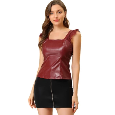 Allegra K Women's Lace Trim Party Faux Leather PU Tank Top - Image 7