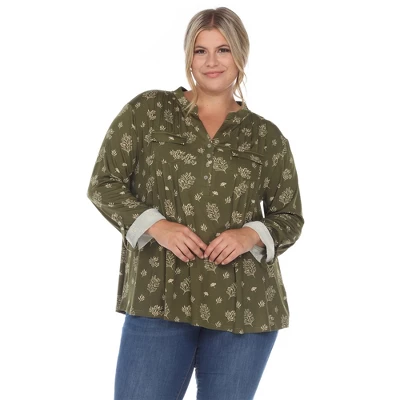Plus Size Pleated Long Sleeve Leaf Print Blouse - Image 8