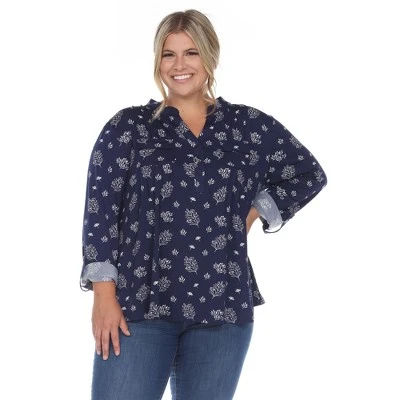 Plus Size Pleated Long Sleeve Leaf Print Blouse - Image 6