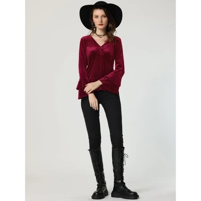 Allegra K Women's V Neck Velvet Blouse Flare Long Sleeve Peplum Top - Image 2