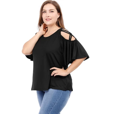 Agnes Orinda Women's Plus Size Summer Fashion Cold Shoulder Ruffle Trumpet Sleeve Blouses - Image 2