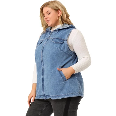 Agnes Orinda Women's Plus Size Hoodie Zipper Up Pocket Denim Sleeveless Jacket Vest - Image 3