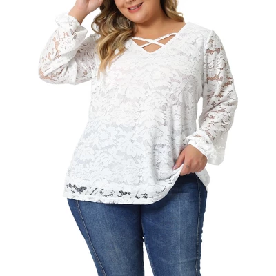 Agnes Orinda Women's Plus Size Lace Sheer Long Sleeve Layer Cross Elastic Cuff V Neck Blouse - Image 5
