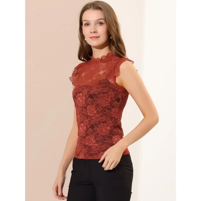 Allegra K Women's Sleeveless Blouse See Through Ruffle Semi Sheer Floral Lace Top - Image 3