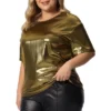 Agnes Orinda Women's Plus Size Metallic Holographic Concert Carival Party Blouse