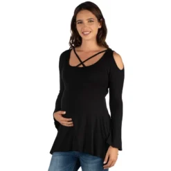 24seven Comfort Apparel Long Sleeve Maternity Criss Cross Cold Shoulder Top