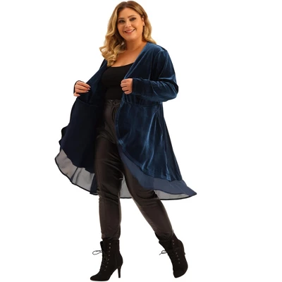 Agnes Orinda Women's Plus Size Velvet Long Sleeve Irregular Draped Mesh Hem Open Front Cardigan - Image 2