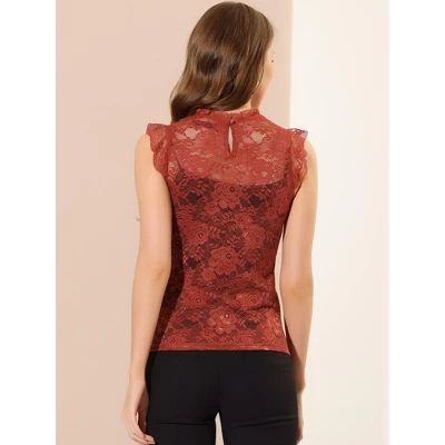 Allegra K Women's Sleeveless Blouse See Through Ruffle Semi Sheer Floral Lace Top - Image 4