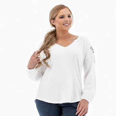 Aventura Clothing Women's Nyla Embroidered Long Sleeve Split Neck Blouse - Image 2