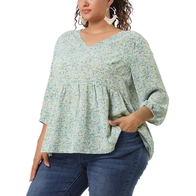 Agnes Orinda Women's Plus Size Babydoll 3/4 Sleeve Floral Flowy Blouse - Image 7