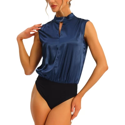 Allegra K Women's Mock Neck Keyhole Front Sleeveless Satin Bodysuit - Image 6