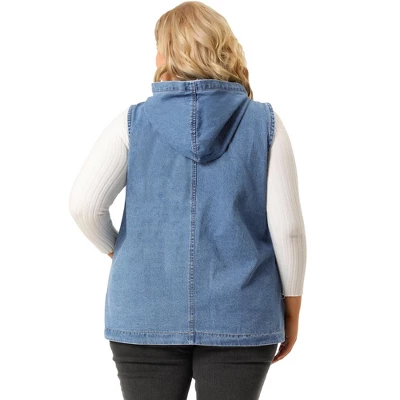 Agnes Orinda Women's Plus Size Hoodie Zipper Up Pocket Denim Sleeveless Jacket Vest - Image 4