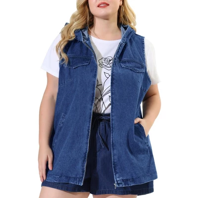 Agnes Orinda Women's Plus Size Hoodie Zipper Up Pocket Denim Sleeveless Jacket Vest - Image 7