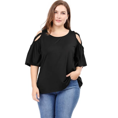 Agnes Orinda Women's Plus Size Summer Fashion Cold Shoulder Ruffle Trumpet Sleeve Blouses - Image 3