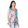 24seven Comfort Apparel Pink Floral Elbow Sleeve Casual V Neck Henley Tunic Top