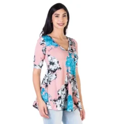 24seven Comfort Apparel Pink Floral Elbow Sleeve Casual V Neck Henley Tunic Top