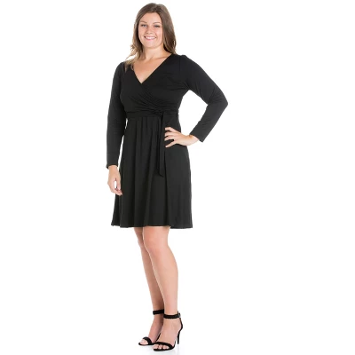 24seven Comfort Apparel Womens Plus Size Chic V-Neck Long Sleeve Belted Dress