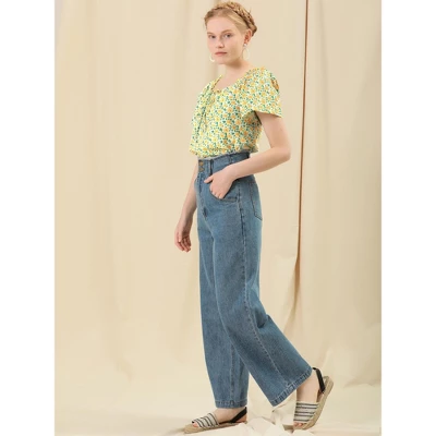 Allegra K Women's Summer Floral Tie Neck Ruffle Peasant Blouse Top